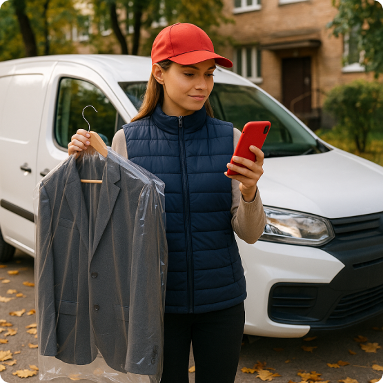 На картинке курьер с телефоном